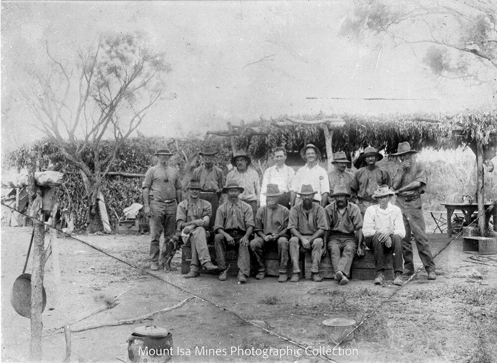 Miners at a bough hut at the Leichhardt King Mine, Mount Isa Mines, c.1925