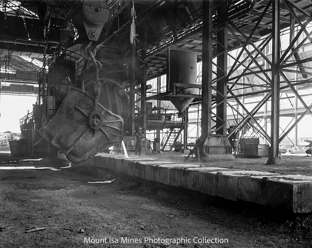 Casting blister copper blocks into moulds at Copper Smelter, Mount Isa Mines, March 1962