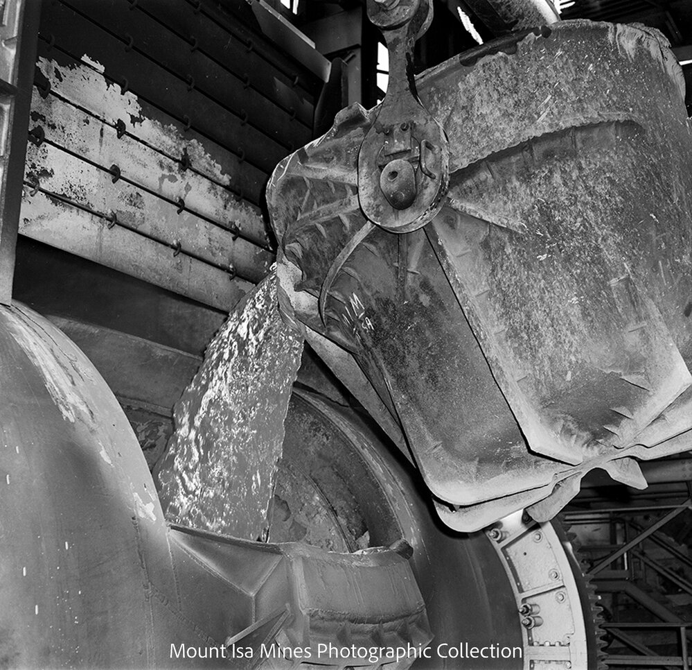 Pouring copper matte into converter at new Copper Smelter, Mount Isa Mines, March 1962