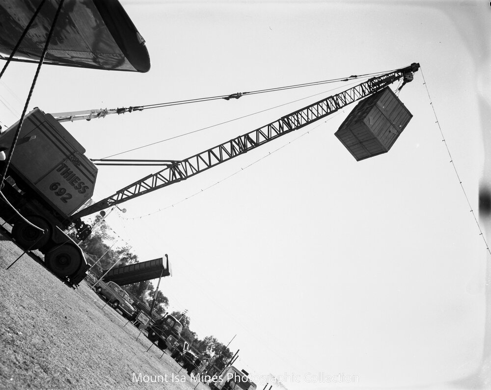 Thiess crane at Mount Isa Industrial Fair, Speark Creek, June 1962