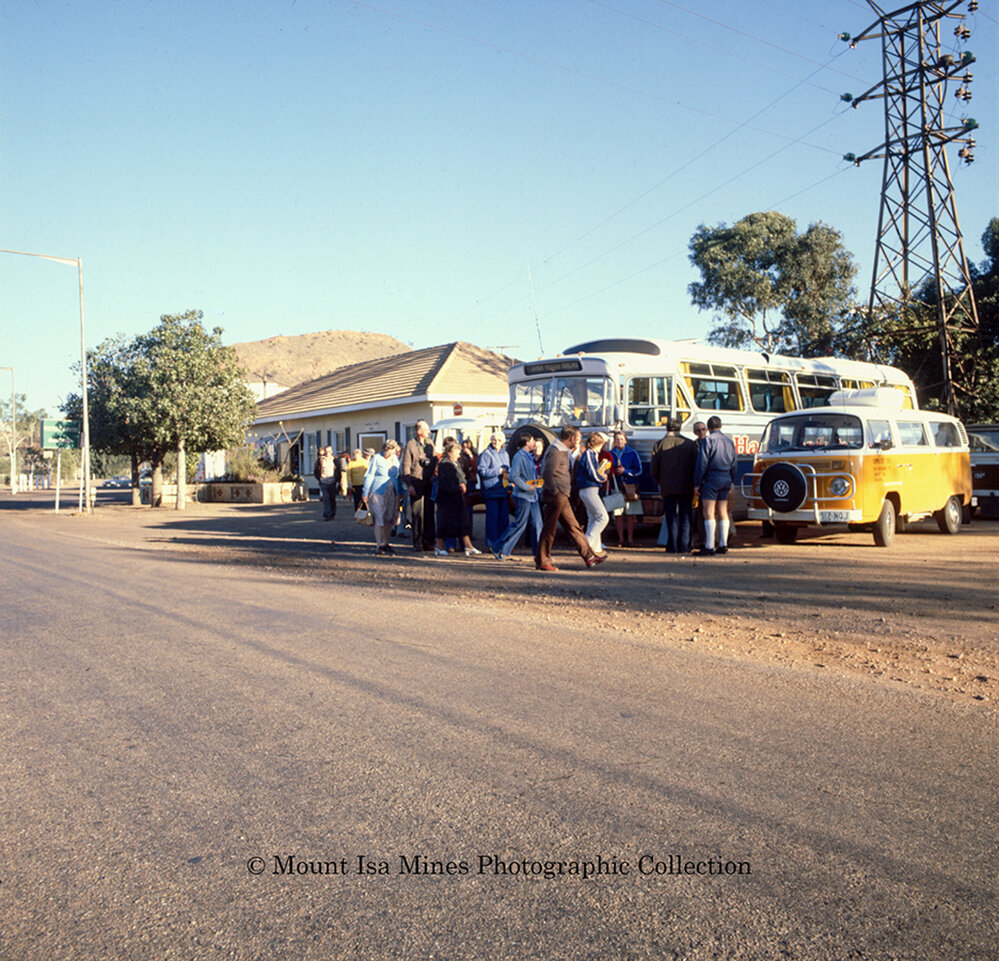 Tourist buses at visitor centre, c.1970s