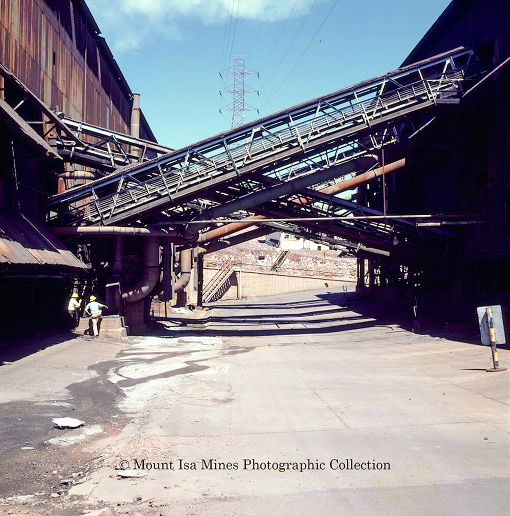 Conveyors between the crusher building and the mill, Mount Isa Mines