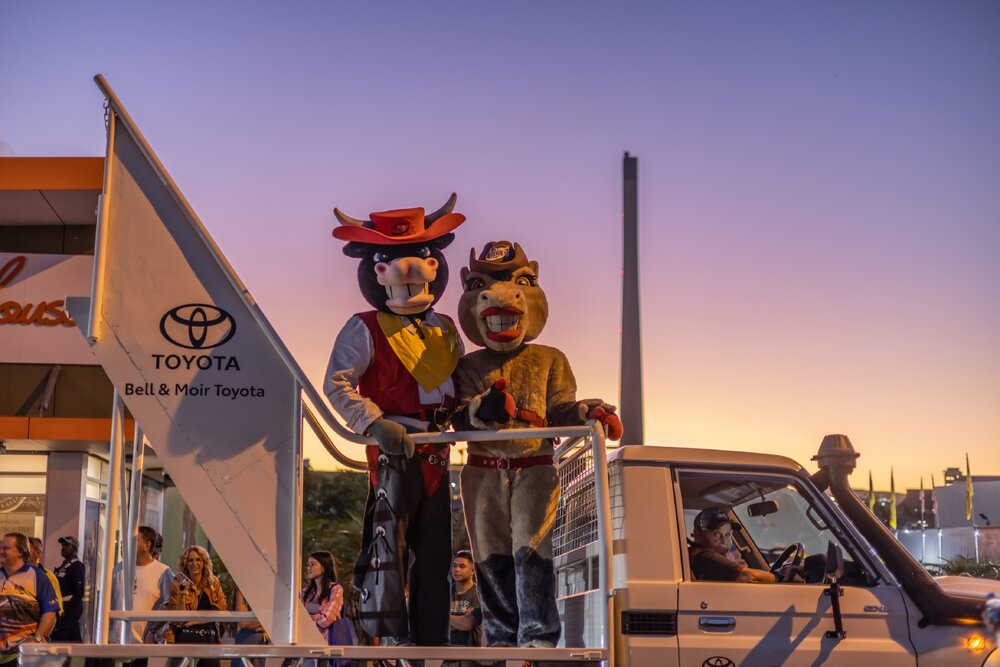Rodeo costumes on Bell &amp; Moir Toyota float at Street Parade, Isa Street Festival, August 2023