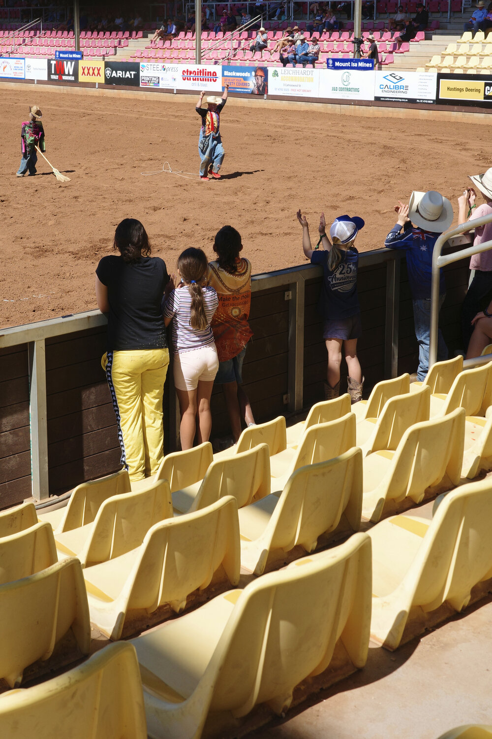 Rodeo clown performing, Mount Isa Mines Rodeo, August 2023