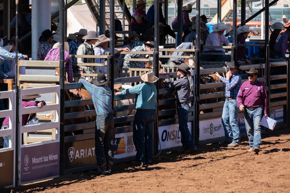 Competitors getting ready, Mount Isa Mines Rodeo, August 2023