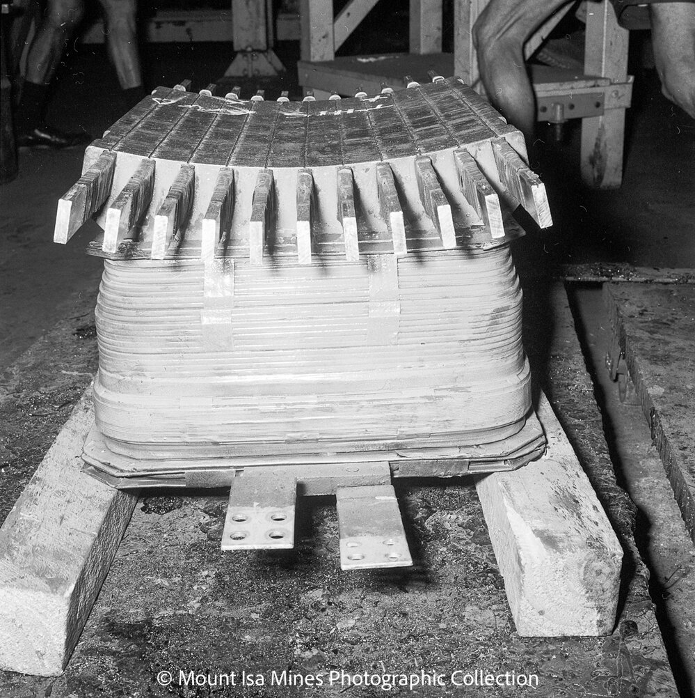 Portion of the stator of the winder motor at No.2 Ore Shaft, Mount Isa Mines, October 1969
