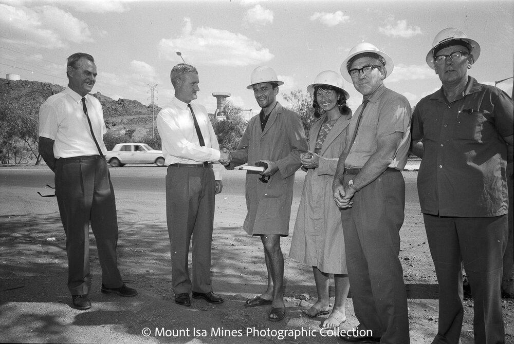 The 14,000th visitor visiting Mount Isa Mines in 1969, December 1969
