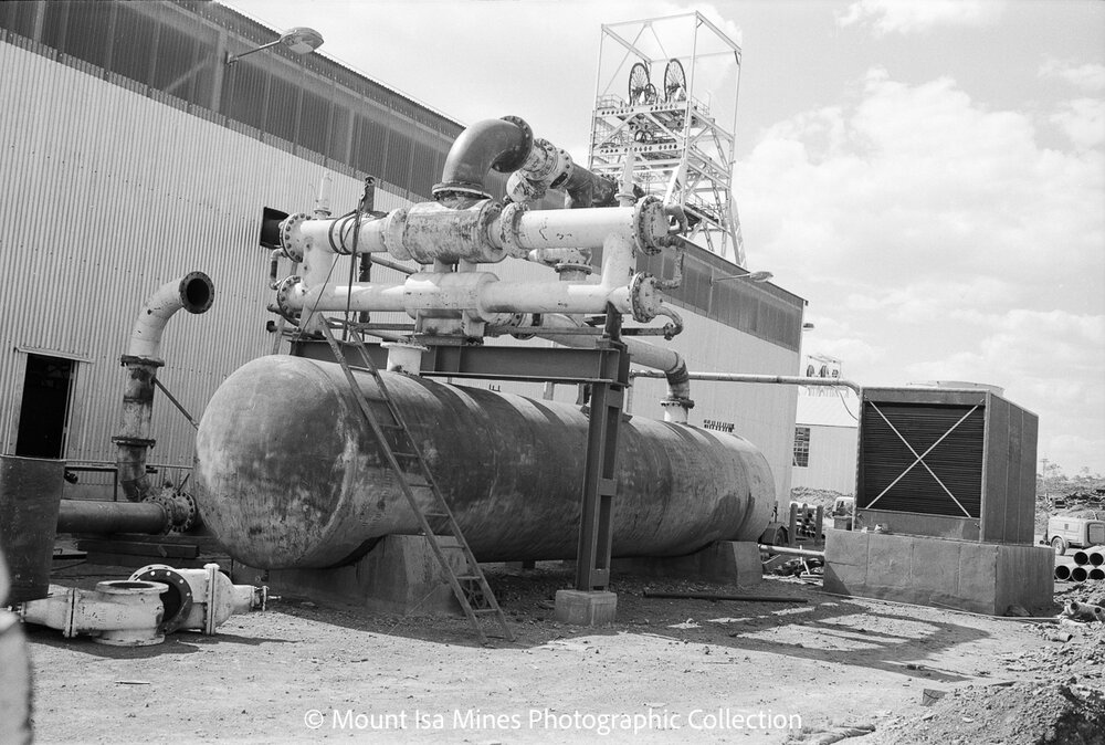 Compressed air receiver tank at A10S X41, Mount Isa Mines, February 1970