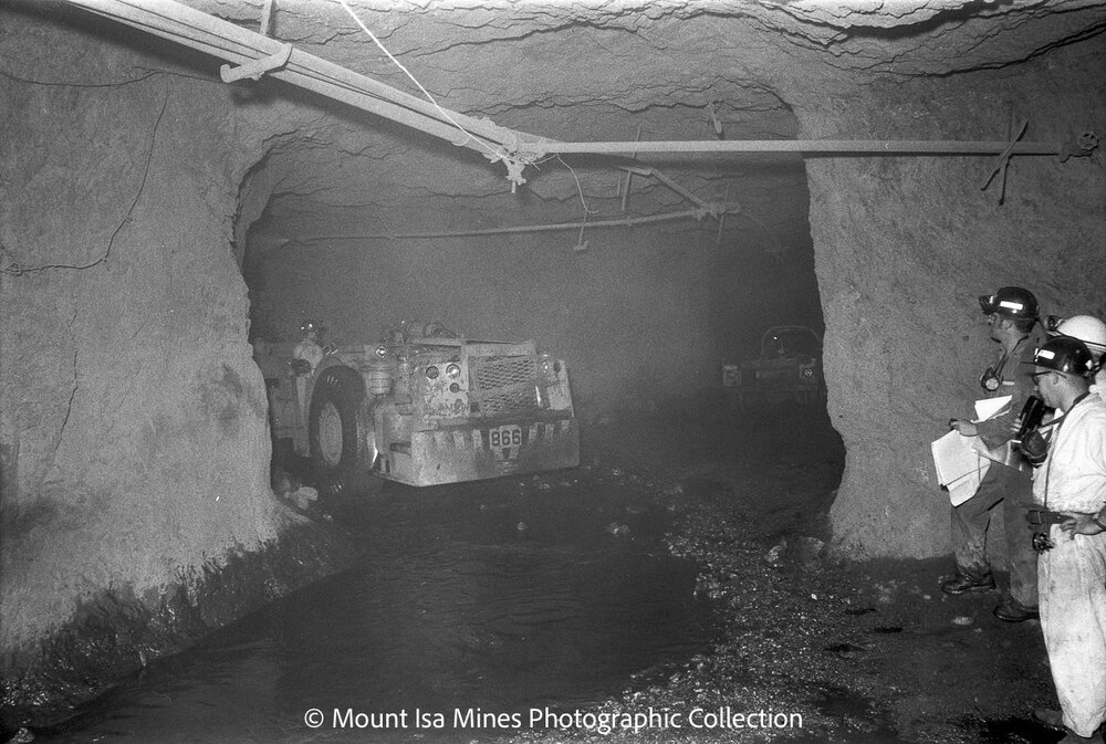 Checking locations for the Royals visiting underground, Mount Isa Mines, March 1970