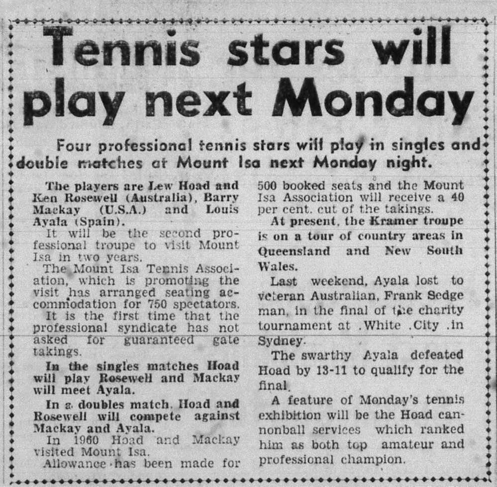 Tennis stars will play Monday, November 1962