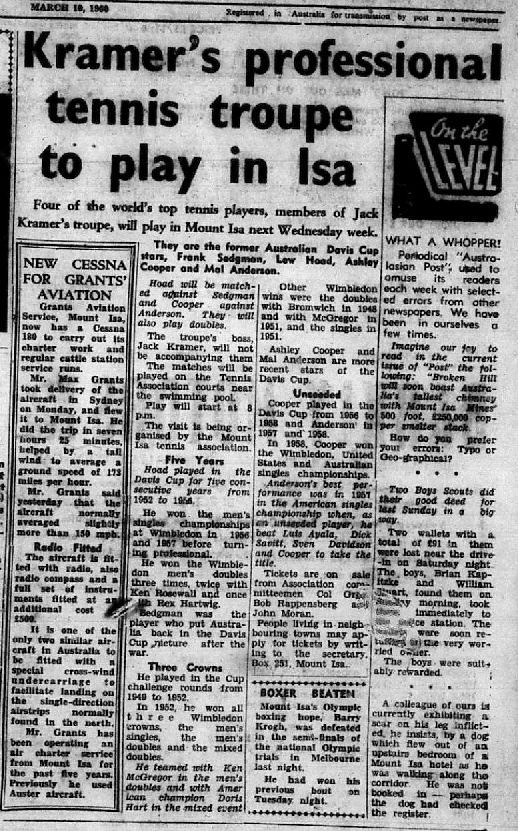 Kramer's professional tennis troupe to play in Isa, March 1960