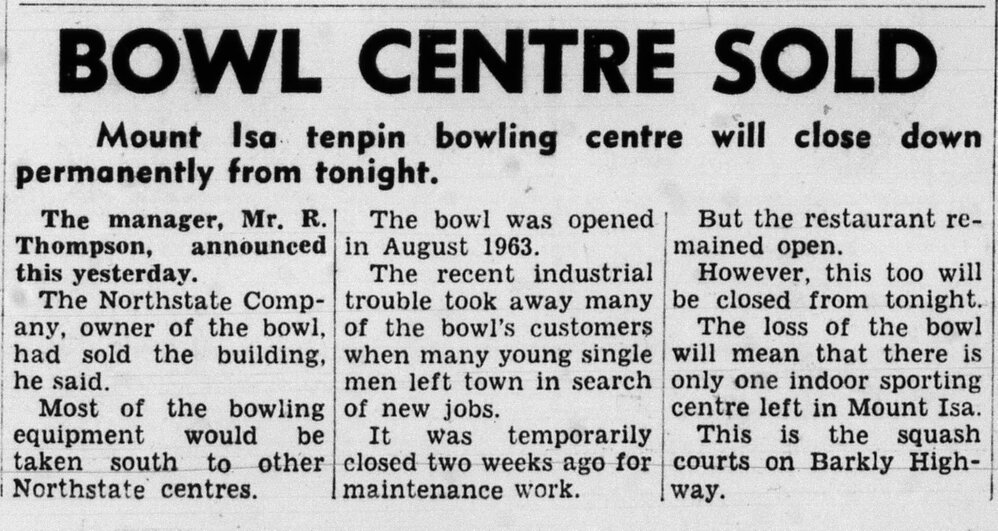 Bowl centre sold, January 1965