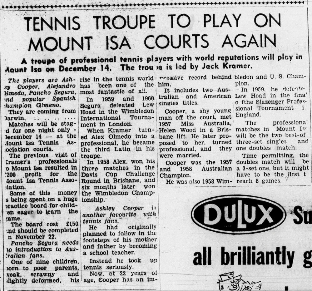 Tennis troupe to play on Mount Isa courts again, November 1960