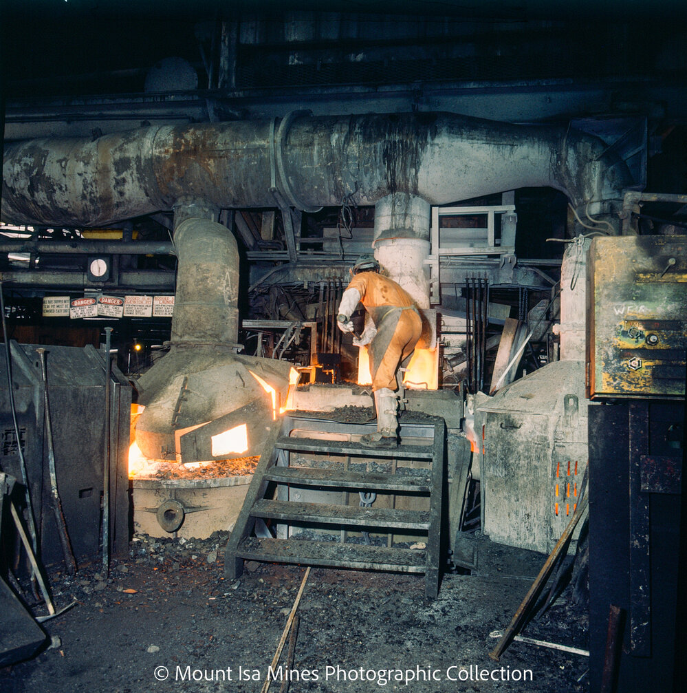Tapping the blast furnace at the Lead Smelter, Mount Isa Mines, January 1987
