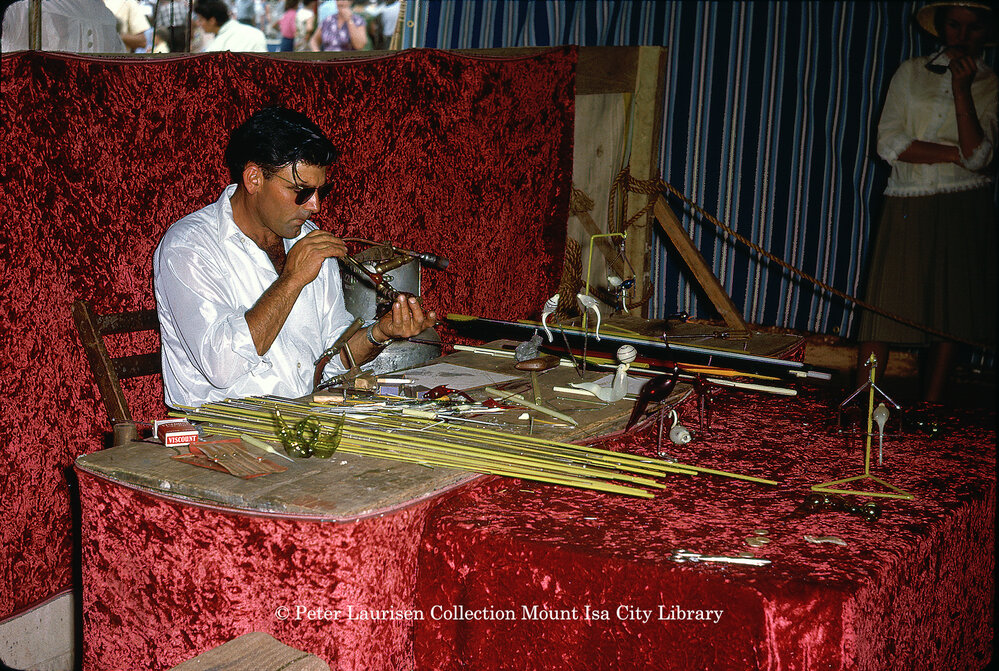 Glass blower, Mount Isa Exhibition, Spear Creek, May 1963