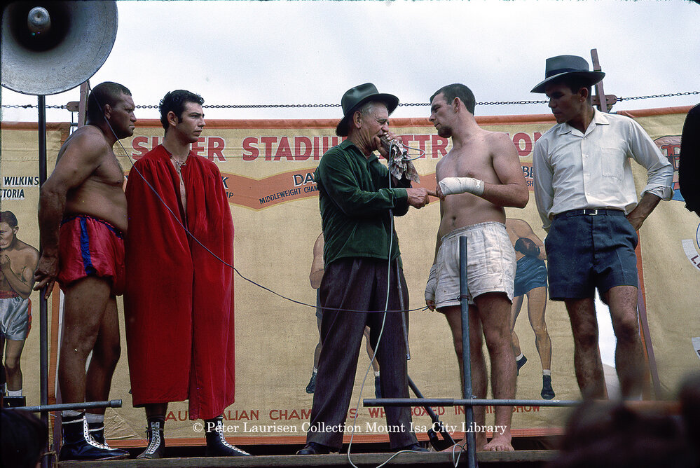 Roy Bells Boxing Troupe lining up fights, Mount Isa Exhibition, Spear Creek, May 1963