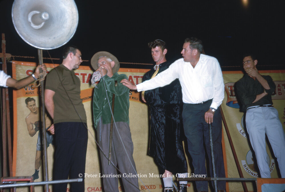 Roy Bells Boxing Troupe with C. O'Brien, Mount Isa Exhibition, Spear Creek, May 1963