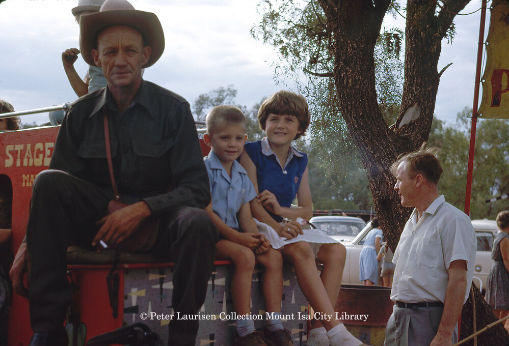People on stage coach ringer ebbage, Mount Isa Exhibition, Spear Creek, May 1963