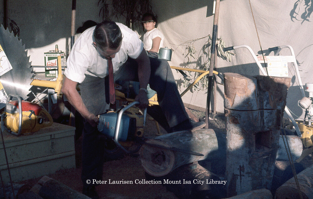 Chain saw demonstration, Mount Isa Industrial Fair, Spear Creek, June 1962