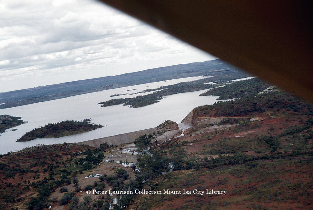 Lake Moondarra water over spillway from downstream, March 1962