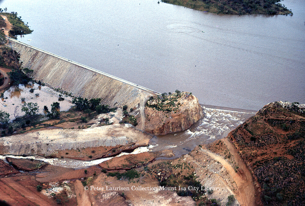 Lake Moondarra spillway and dam wall downstream, March 1962