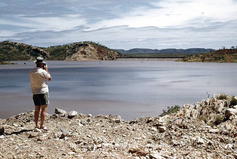 Dam wall and spillway across Transport Bay, Lake Moondarra, March 1962
