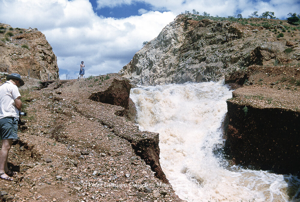 Lake Moondarra water over spillway, March 1962