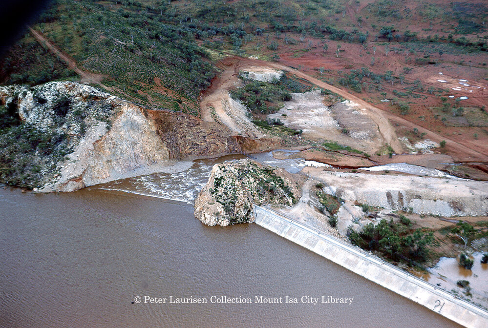Lake Moondarra water of spillway and dam wall, March 1962