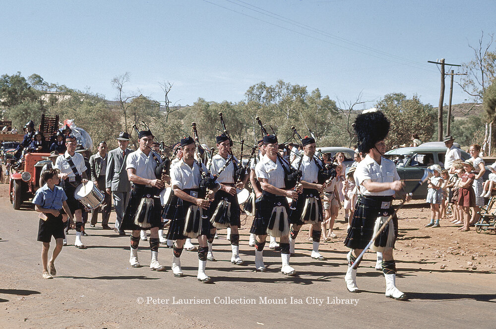 Pipe band, Mount Isa May Day Procession, May 1954
