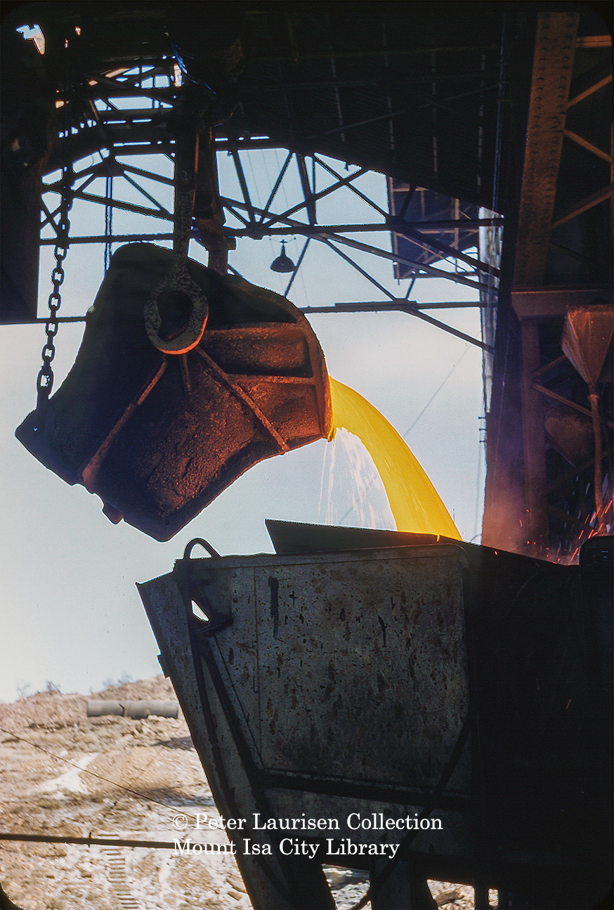 Pouring molten copper at Copper Smelter, Mount Isa Mines, July 1956