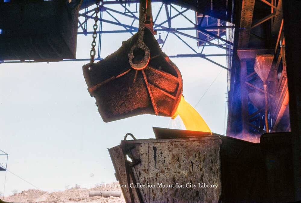 Pouring molten copper at Copper Smelter, Mount Isa Mines, July 1956