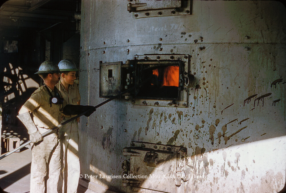 Reverberatory furnace at Copper Smelter, Mount Isa Mines, July 1956