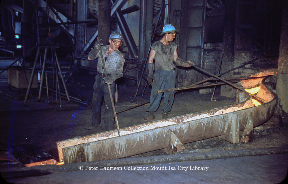 Tapping matte reverberatory furnace at Copper Smelter, Mount Isa Mines, July 1956