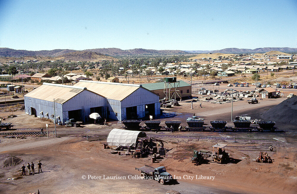 Garage, change house, and smelter time gate, Mount Isa Mines, September 1953