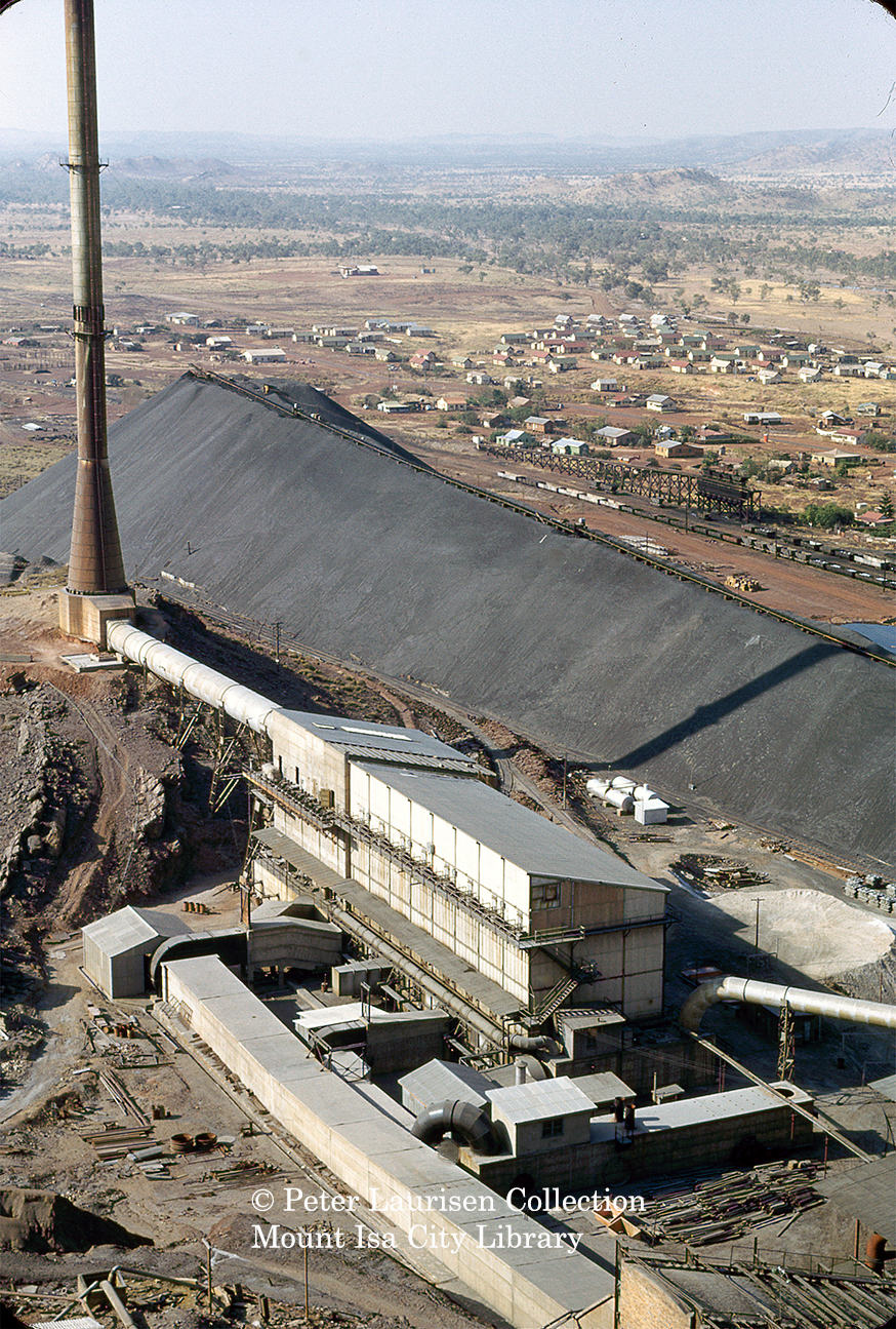 Lead smelter and stack, baghouse, and Mount Haney, Mount Isa Mines, September 1953