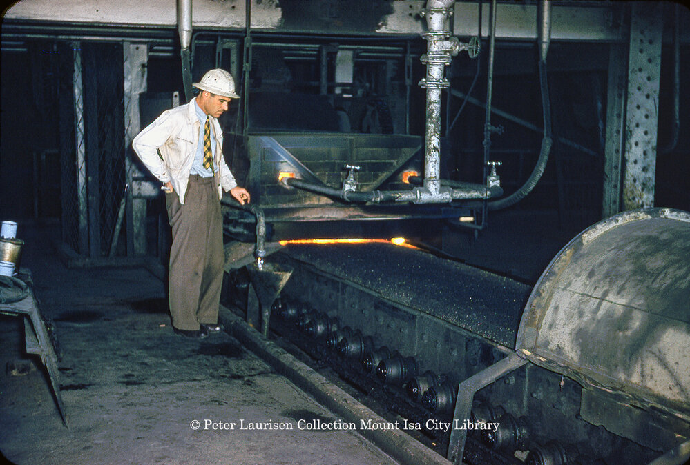 Dwight and Lloyd sinter plant roasting sinter at Lead Smelter, Mount Isa Mines, July 1956