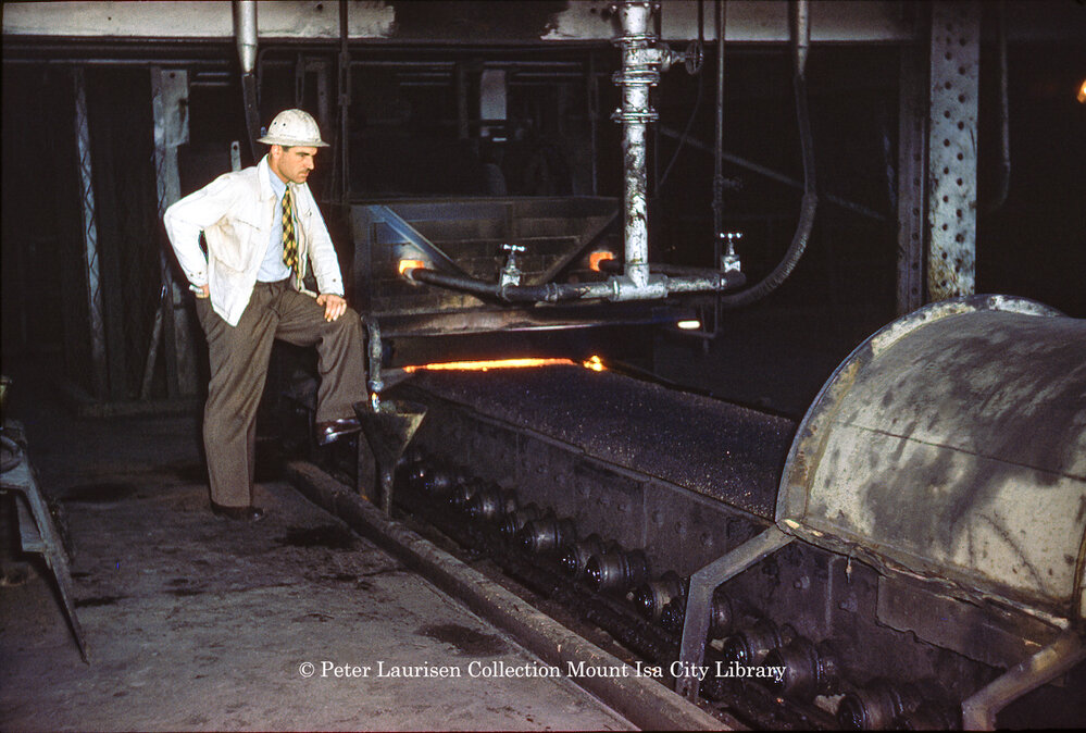 Dwight and Lloyd sinter plant roasting sinter at Lead Smelter, Mount Isa Mines, July 1956
