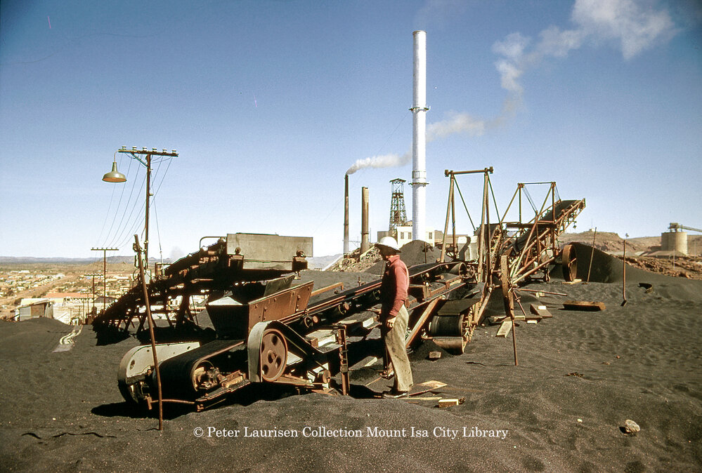 Lead Smelter slag conveyor on Mount Haney, Mount Isa Mines, July 1956