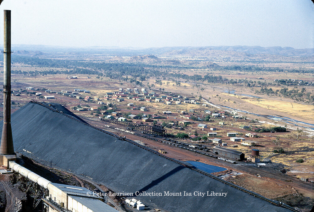 Lead Smelter Stack and Mount Haney lead slag heap, Mount Isa Mines, September 1953