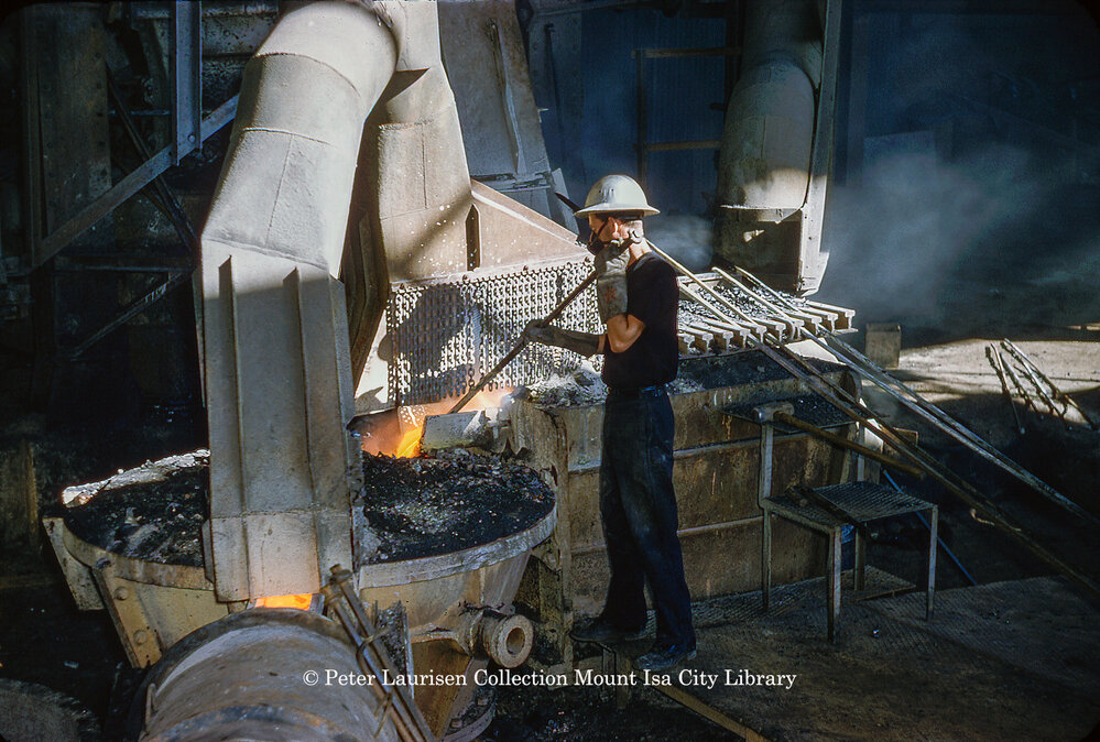 Tapping blast furnace at Lead Smelter, Mount Isa Mines, c.1956