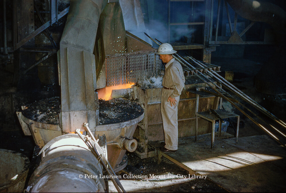 Tapping blast furnace at Lead Smelter, Mount Isa Mines, July 1956