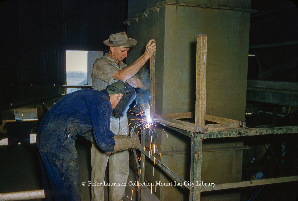 Fabricating metal stand at Mill, Mount Isa Mines, c.1956
