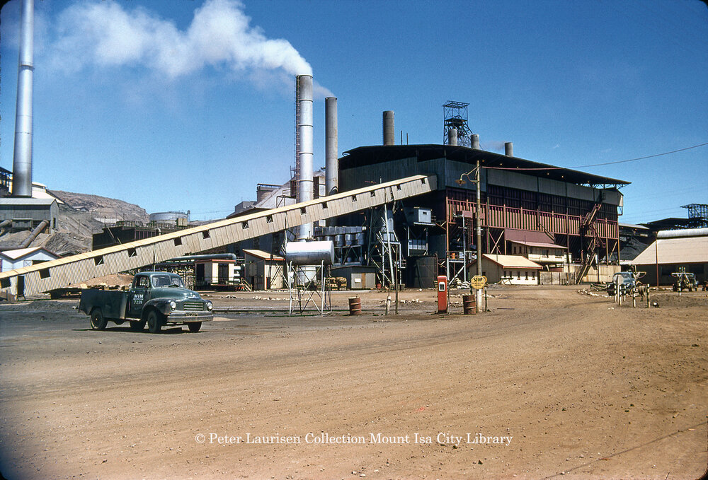 Coal conveyor belt to bunkers at Mines Power Station, Mount Isa Mines, c.1956