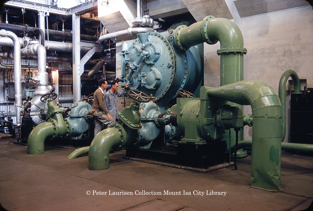 Condenser with cooling water pumps at Mines Power Station, Mount Isa Mines, c.1956