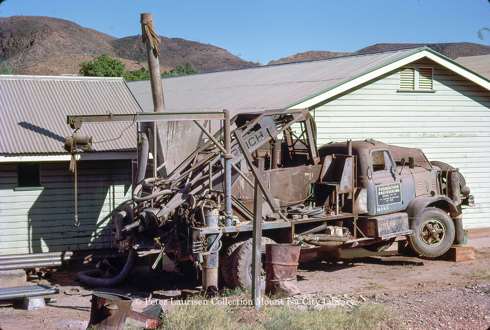 Mobile drill rig at barracks, Mineside, May 1962