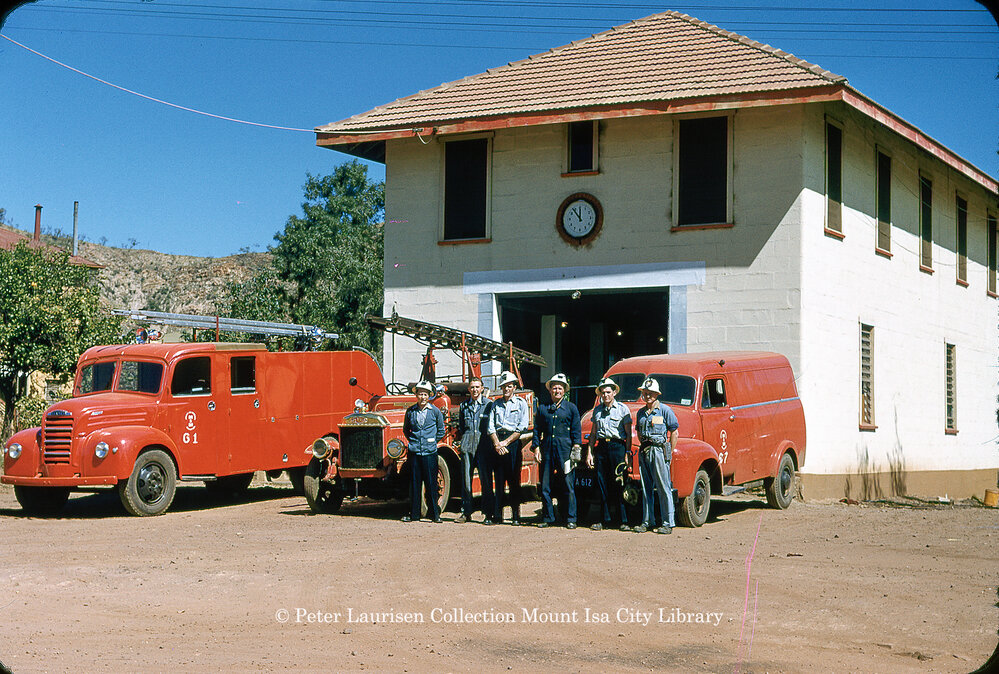 Mount Isa Mines Fire Station and firemen, Mineside, July 1956