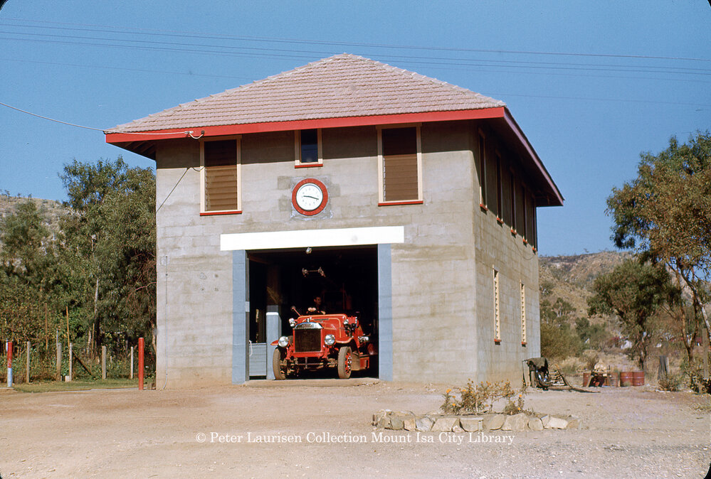 Mount Isa Mines Fire Station and Dennis fire engine, Mineside, August 1951