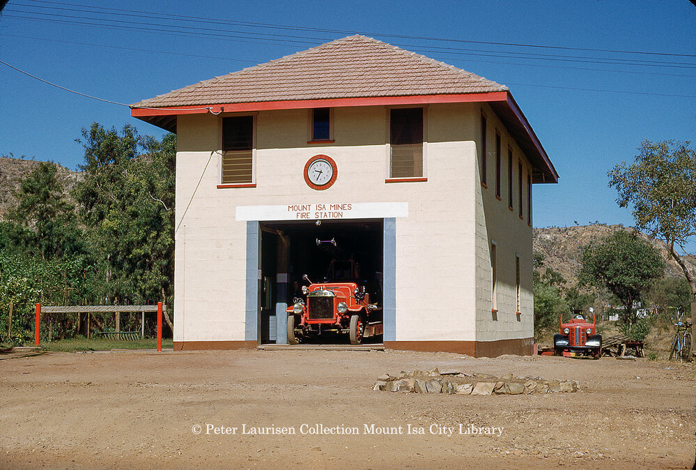 Mount Isa Mines Fire Station and Dennis fire engine, Mineside, September 1952