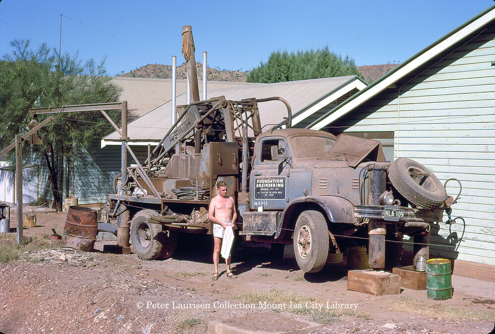 Mobile drill rig set up at barracks, Mineside, May 1962