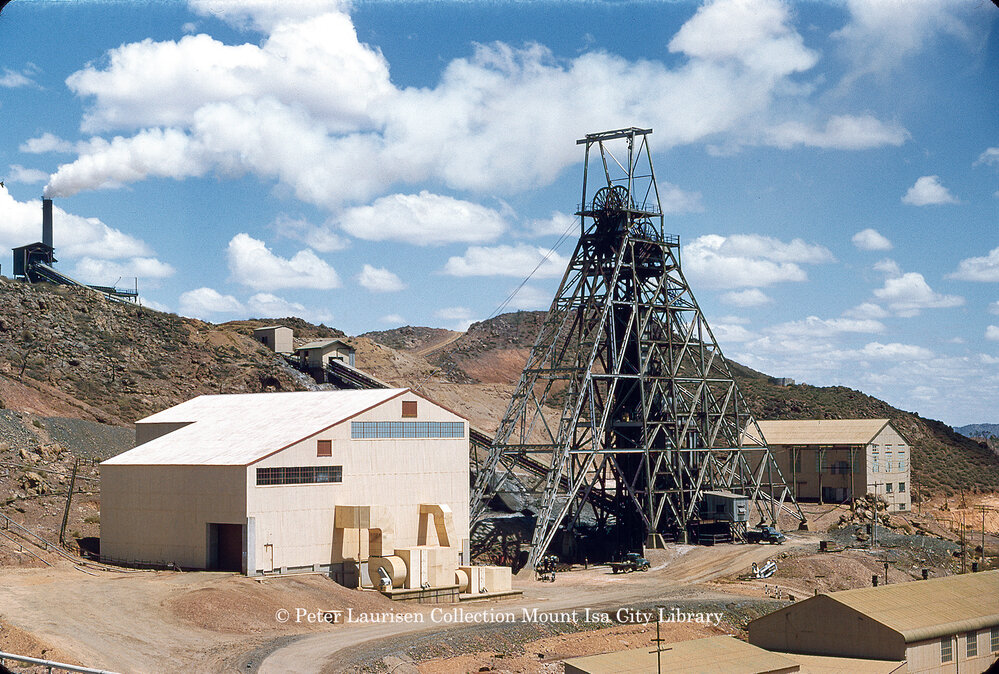 No 2 Ore Shaft Headframe and winder houses, Mount Isa Mines, c.1959